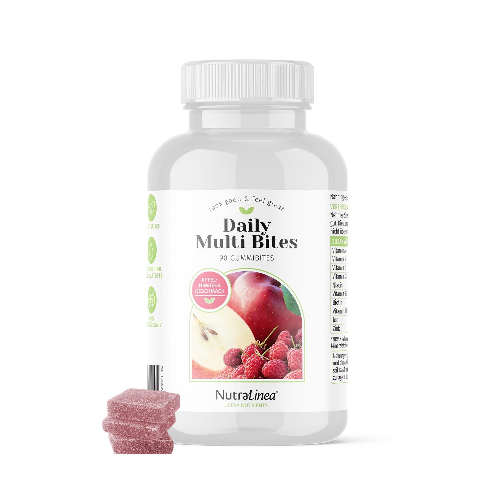 Weißes Plastikfläschchen mit Etikett. Daily Multi Bites, 90 Gummibärchen. 3 rosa Gummibärchen liegen daneben.