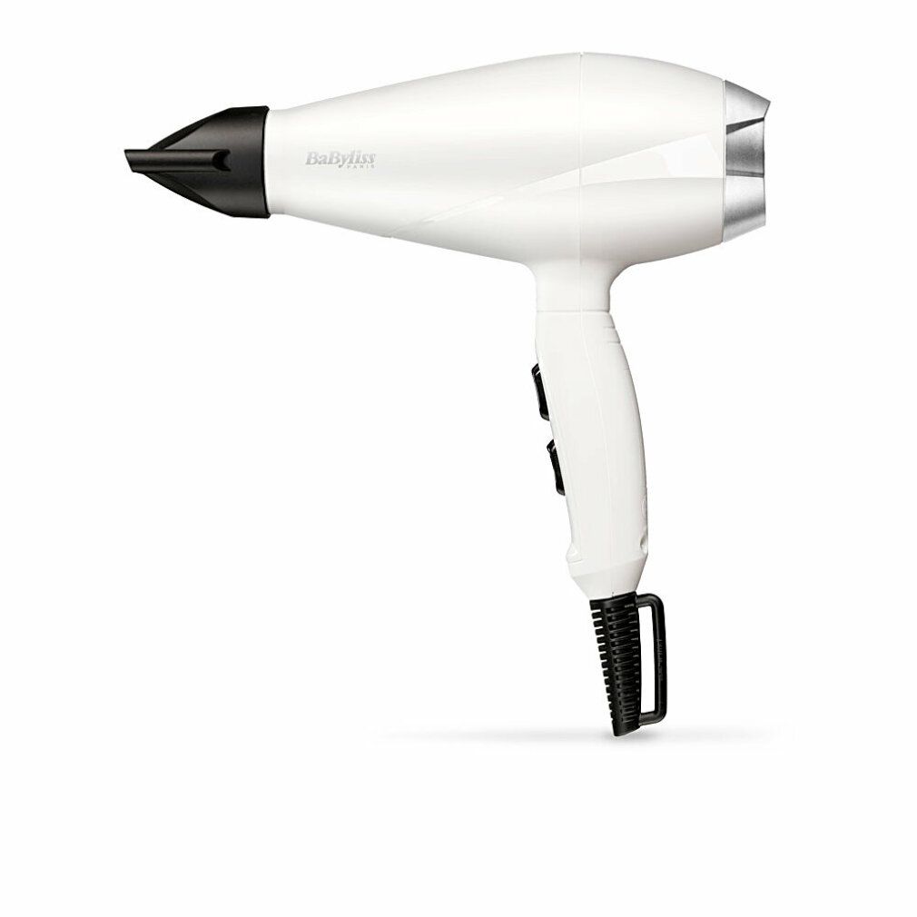 Weißer Haartrockner mit schwarzem Aufsatz und Griff. Marke BaByliss. Zwei Schalter am Griff.