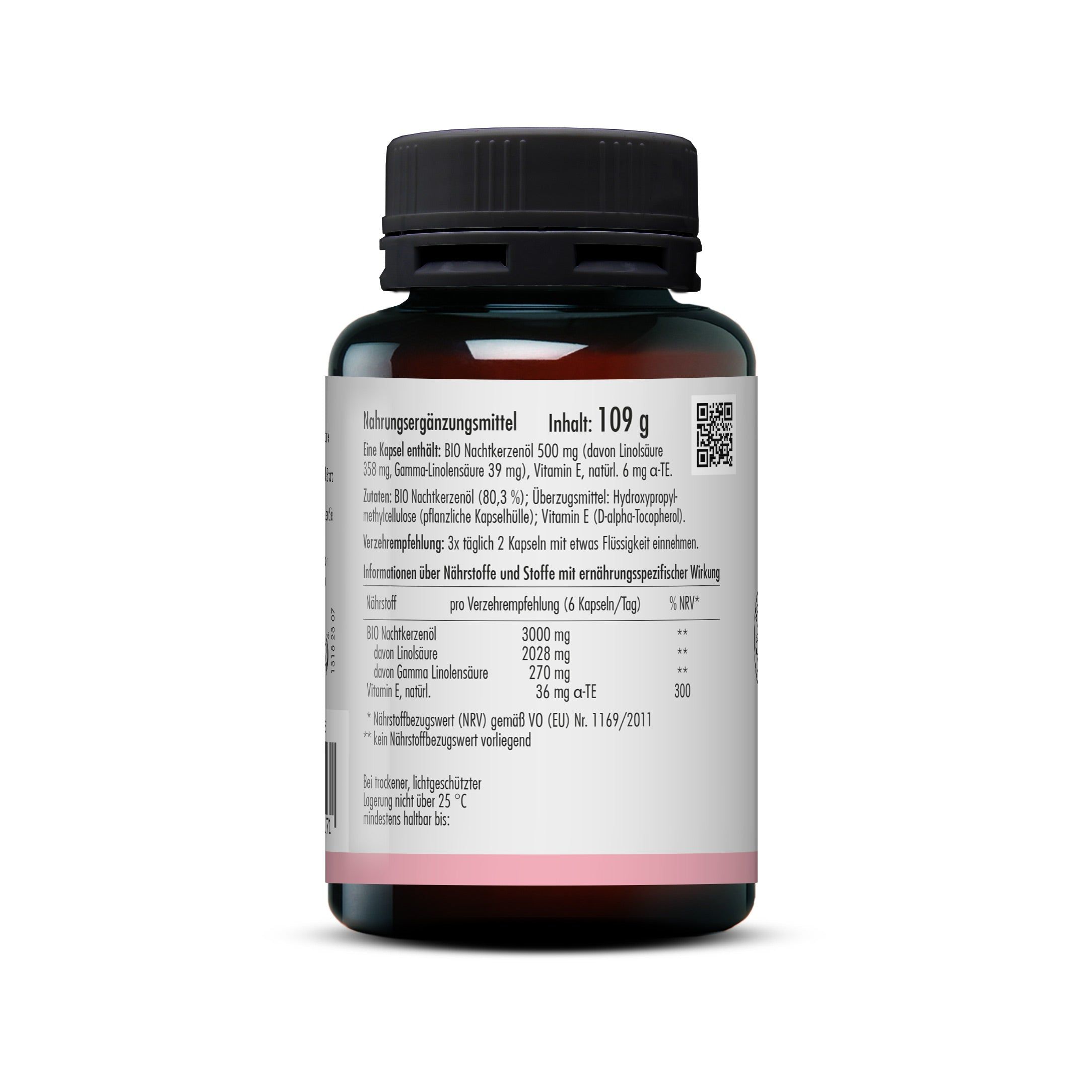 Rückseite einer Flasche mit Kapseln. Aufschrift: Nährwertangaben, Inhaltsstoffe, 109 g. Marke: sovita.