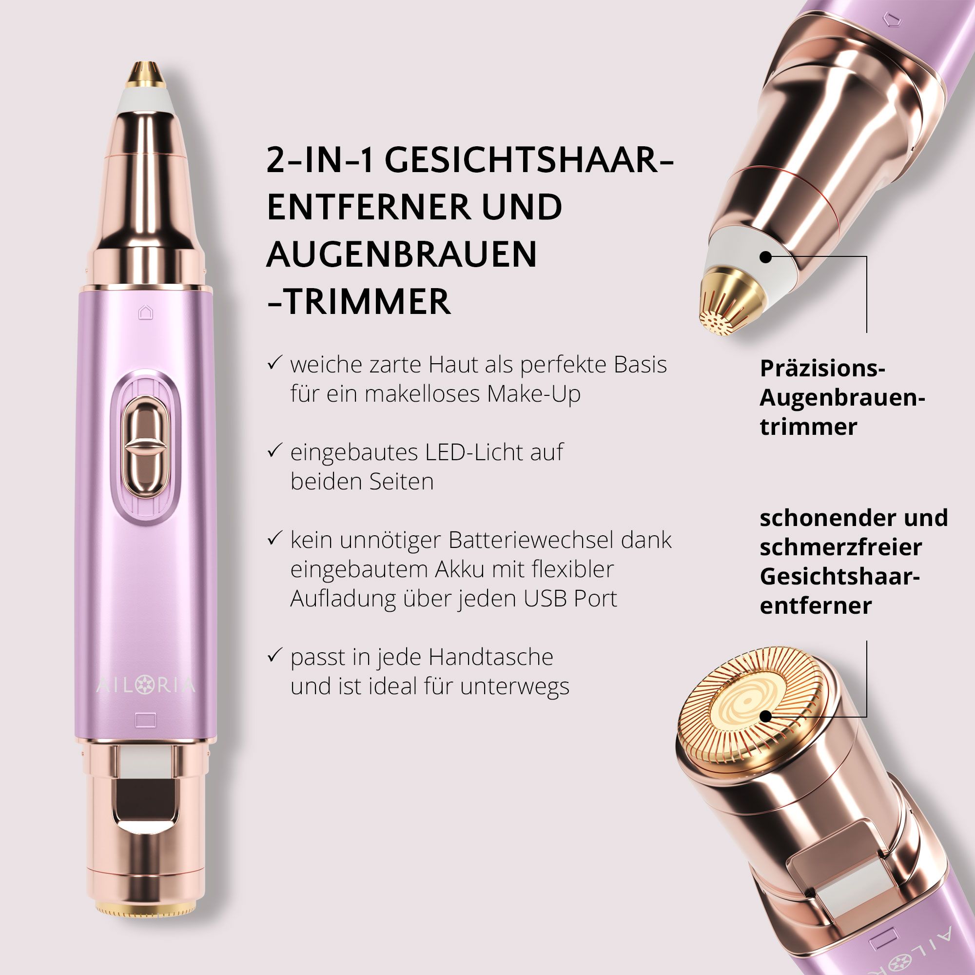Produktabbildung mit Text: 2-IN-1 GESICHTSHAAR-ENTFERNER UND AUGENBRAUEN-TRIMMER. Zusätzliche Aufsätze und Produktansichten.