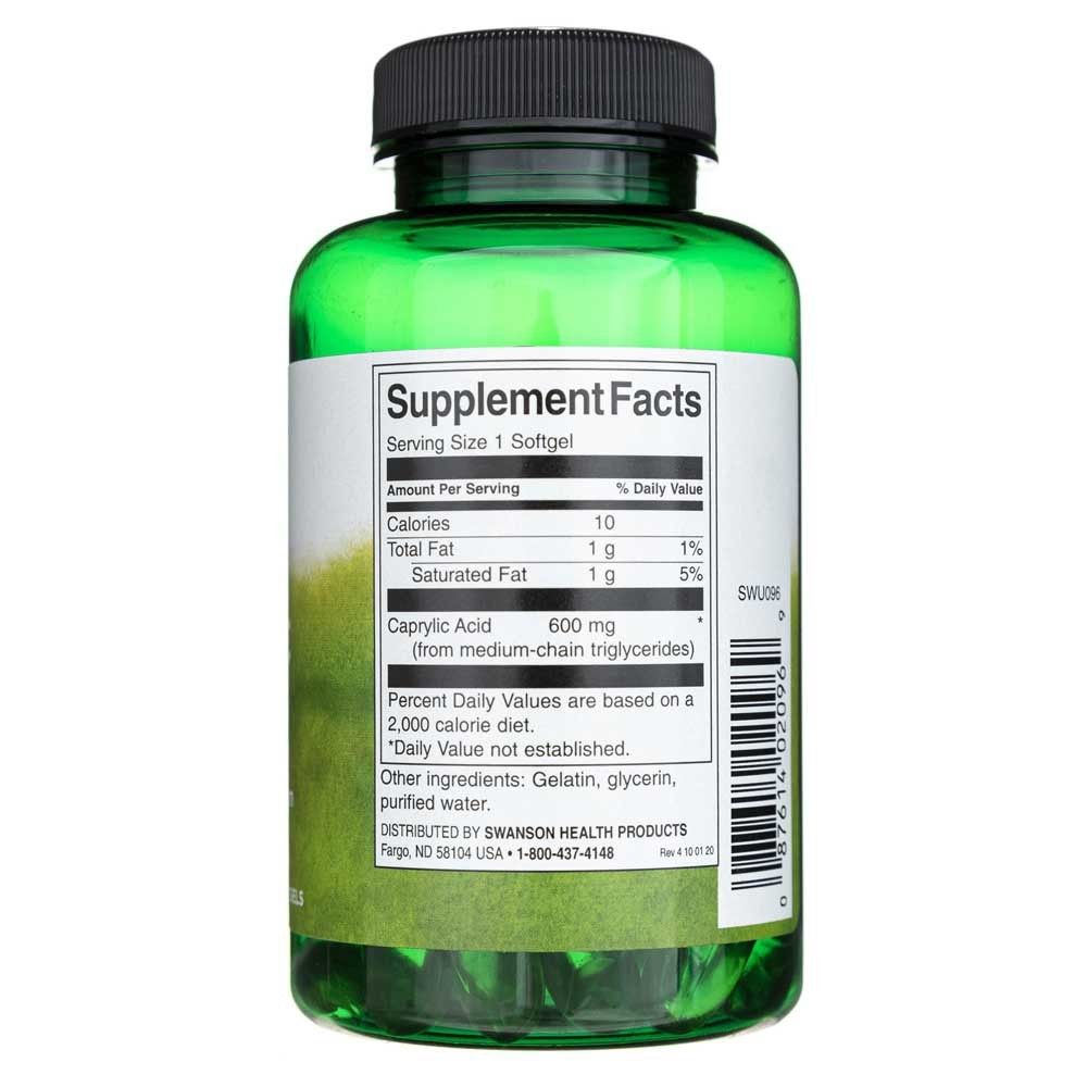Rückseite einer grünen Flasche mit Caprylic Acid Softgels, Supplement Facts.