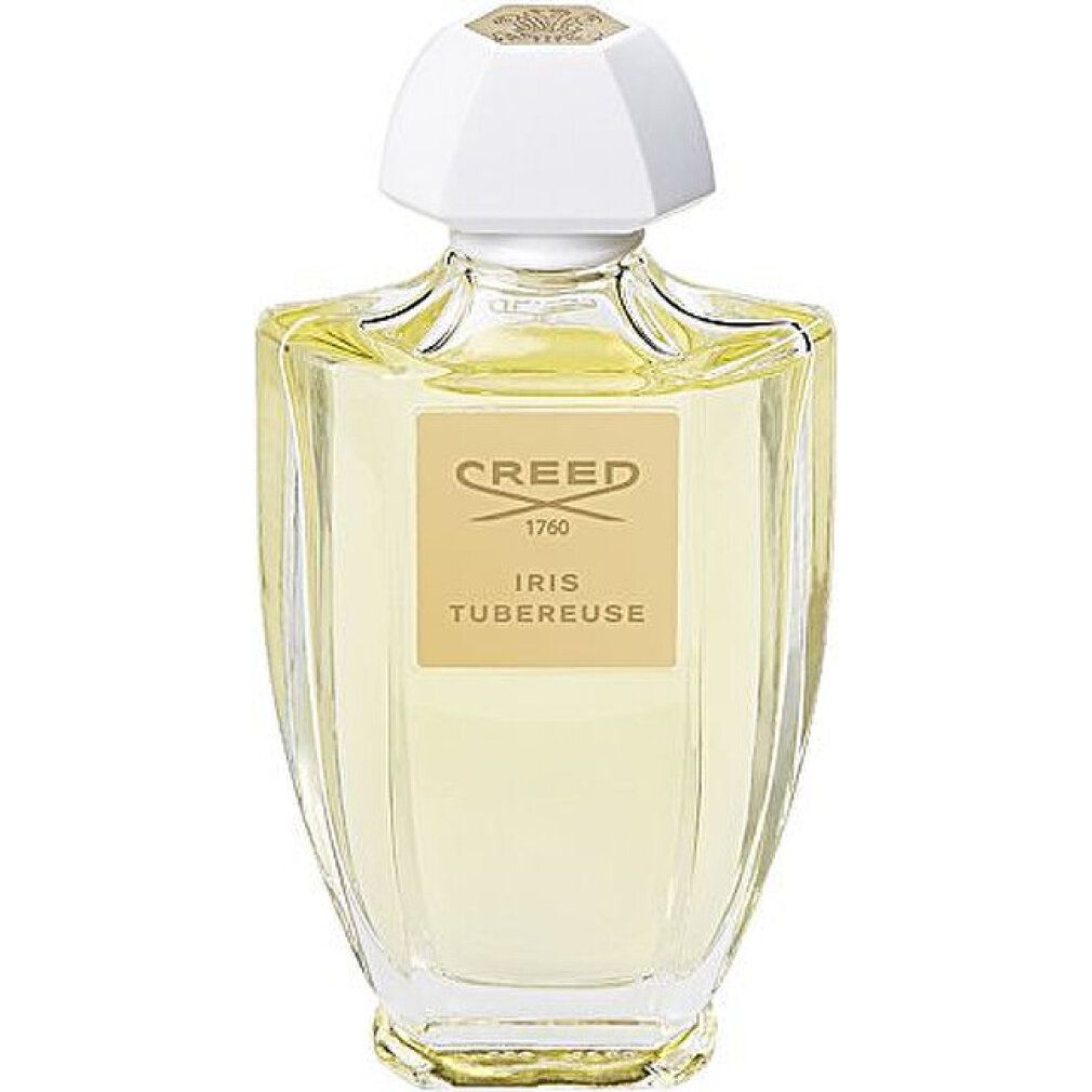 Glasflakon mit weißem Verschluss. Aufschrift: Creed, Iris Tubereuse. Transparente Flüssigkeit.