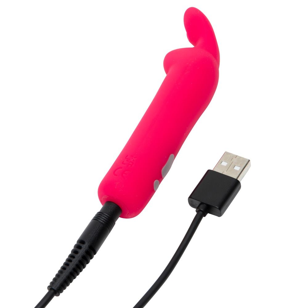 Rotes Gerät mit USB-Kabel. Gerät mit Hasenohren-Design. Kabel mit Stecker.