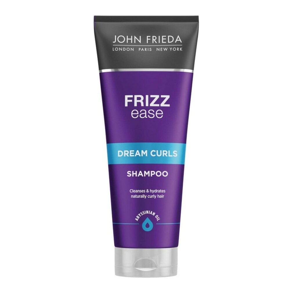 John Frieda Frizz Ease Dream Curls Shampoo. Lila Tube mit schwarzem Deckel. Text: Frizz Ease, Dream Curls, Shampoo.