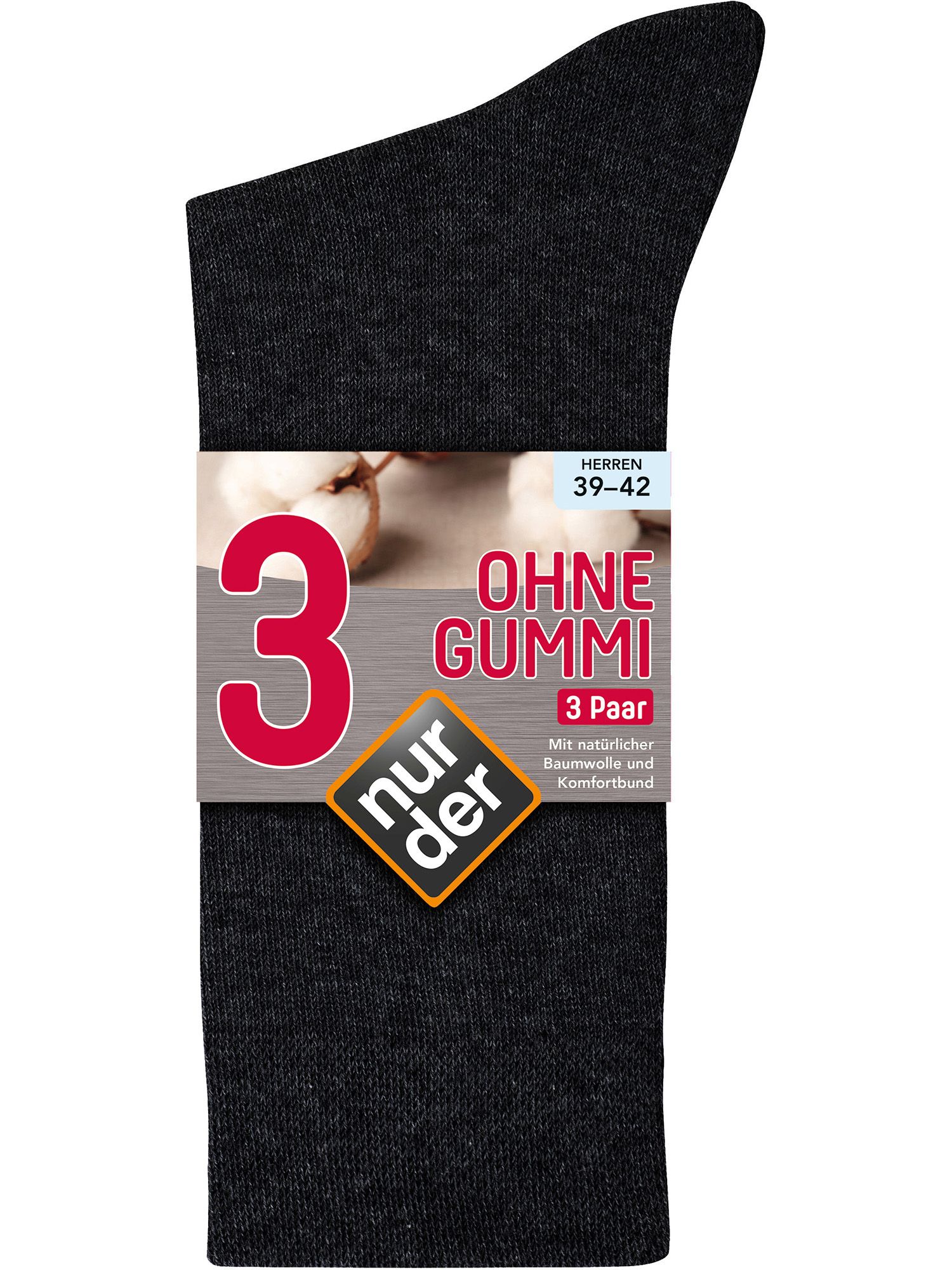 NUR DER Socken Ohne Gummi 3er Pack - schwarz - Größe 39-42