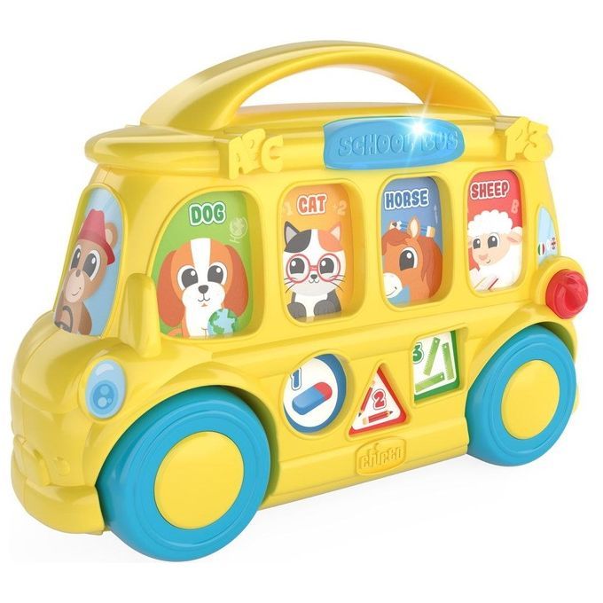 Scuolabus giocattolo giallo con animali e lettere. Ruote blu, maniglia. Scritta "SCHOOL BUS". Marchio Chicco.
