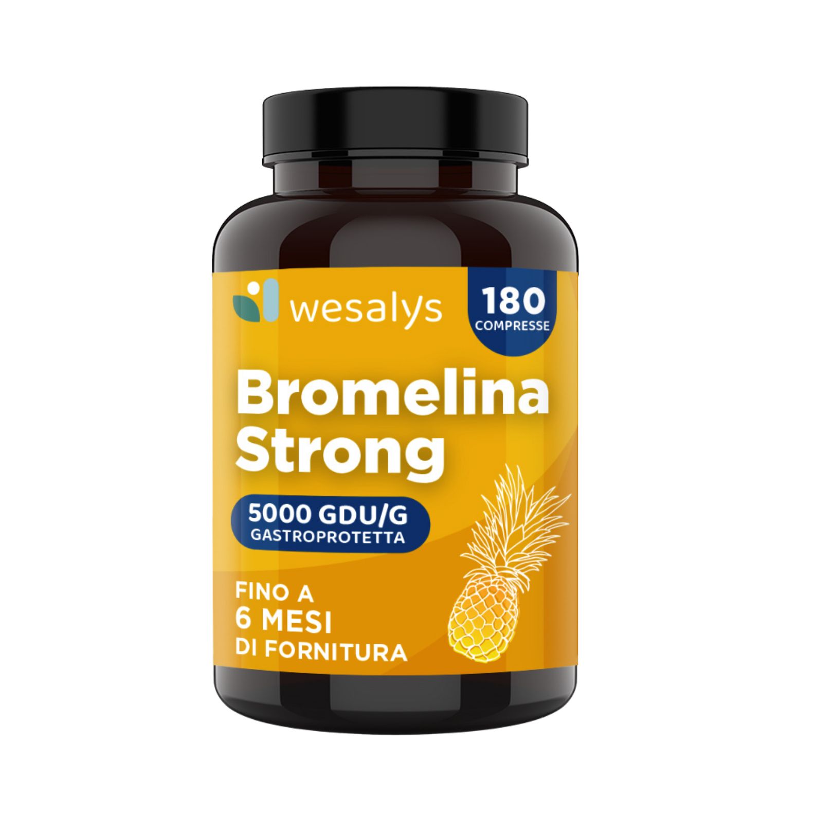 Una bottiglia marrone di WESALYS Bromelina Strong con tappo nero. L'etichetta mostra il nome del prodotto, il dosaggio di 5000 GDU/g, il numero di compresse (180) e l'indicazione per 6 mesi di fornitura.