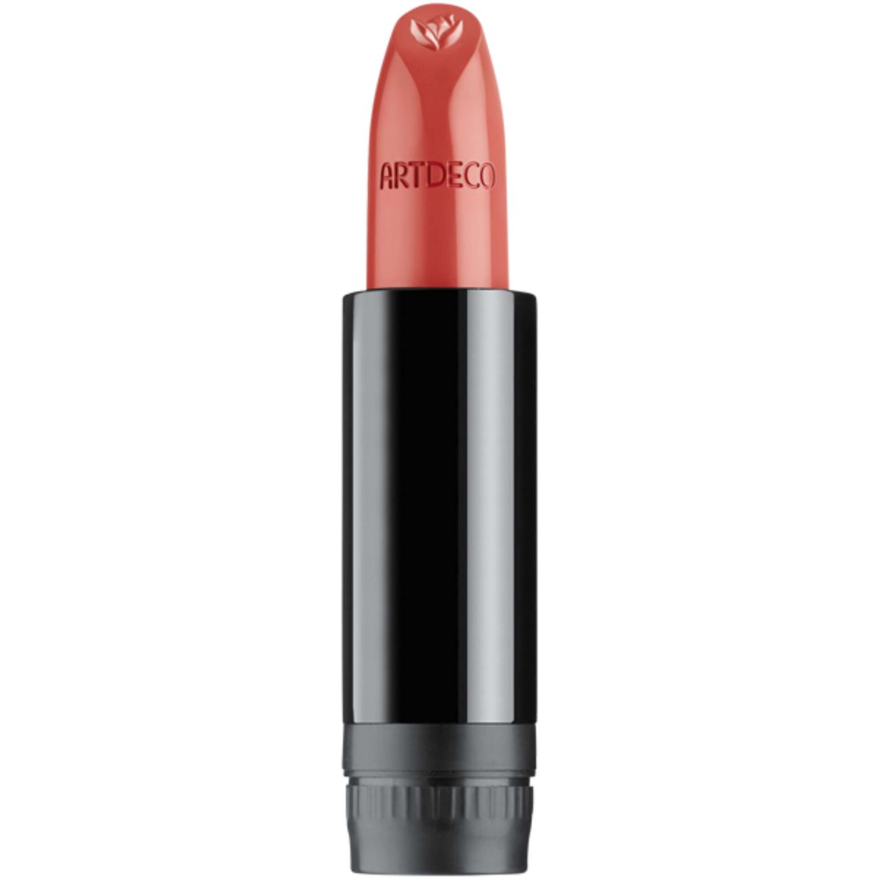 Lippenstift-Refill. Schwarze Hülse, rosafarbener Lippenstift mit Artdeco-Logo. Geöffnet.