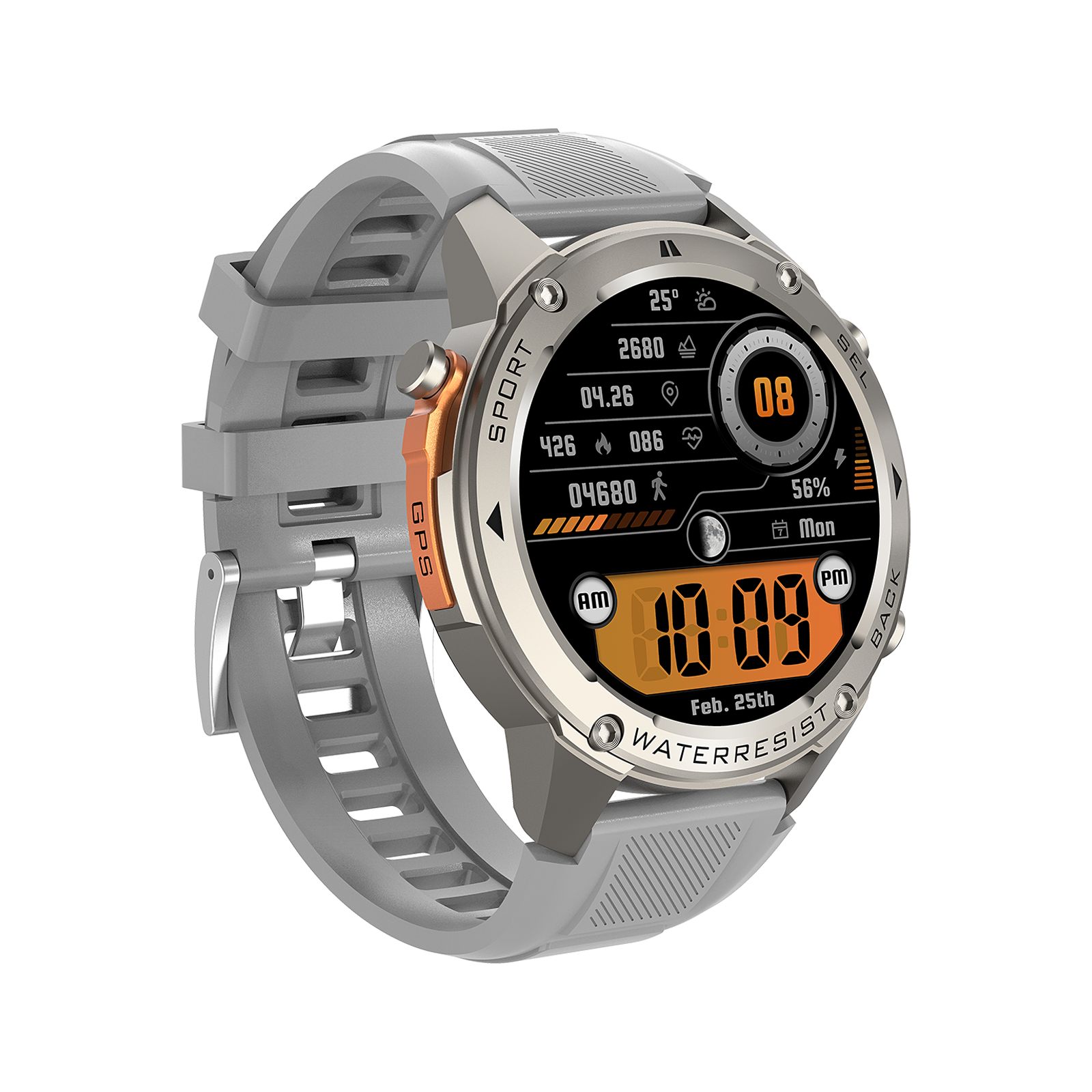 Graue Smartwatch mit orangefarbenen Akzenten. Rundes Zifferblatt mit Gesundheitsdaten. Wasserdicht.