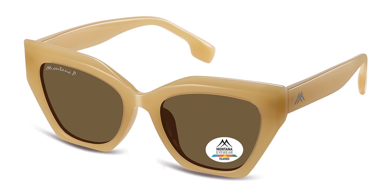 Sonnenbrille mit braunen Gläsern und beigem Rahmen. Montana Eyewear Logo auf dem Glas. Polariert.