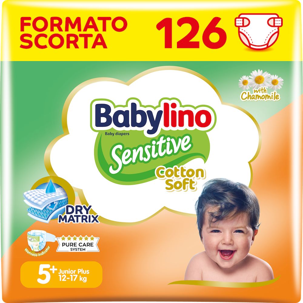 Babylino Sensitive Cotton Soft, Pannolini Taglia 5+, Junior Plus (12-17Kg), 126 Unità