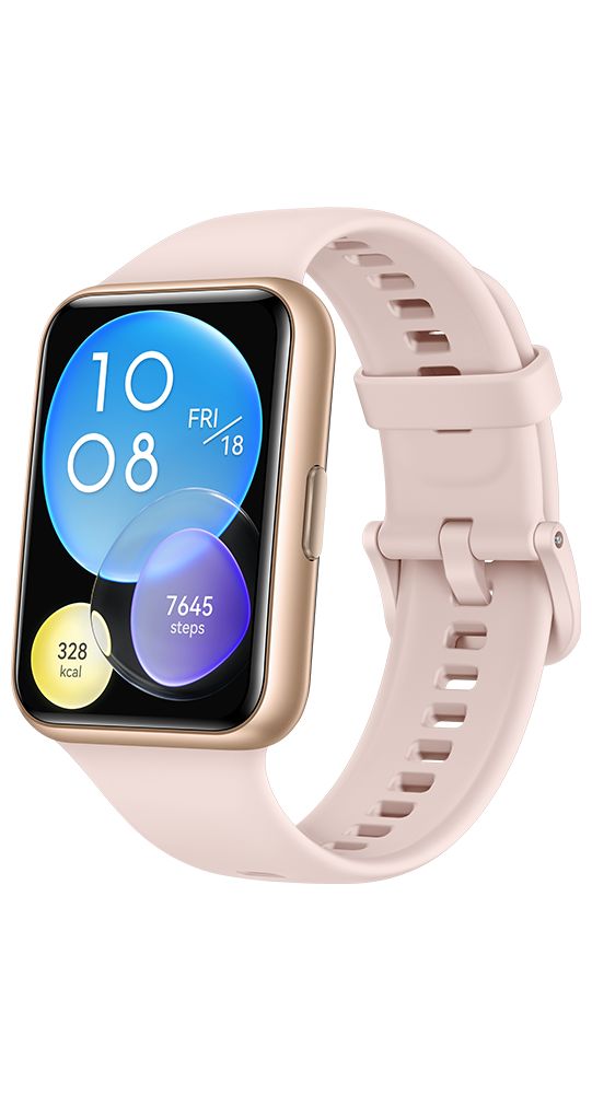 Seitenansicht einer goldfarbenen Smartwatch mit pinkem Armband.