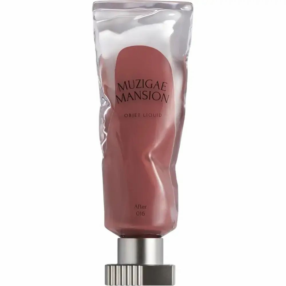 Tube MUZIGAE MANSION Objet Liquid Lip Tint. Transparente Verpackung, Inhalt rotbraun. Metallbasis. Text: After 016.