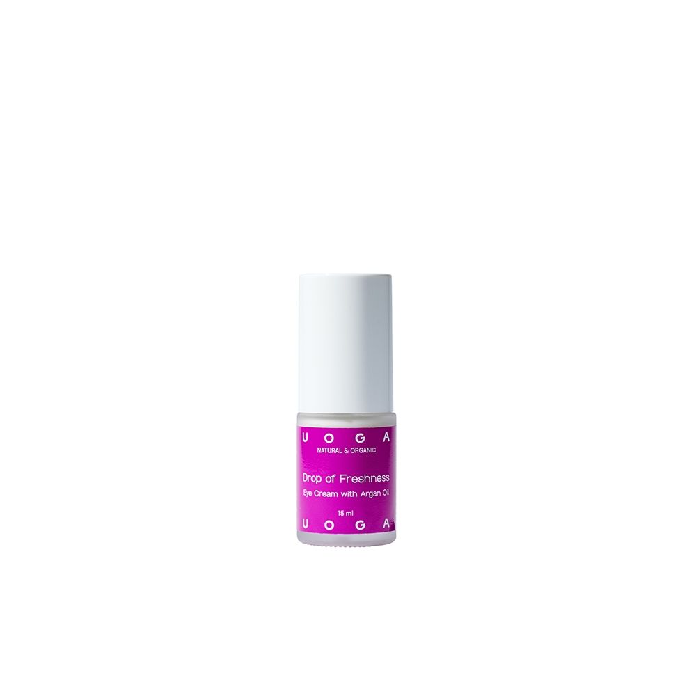 Kleine, zylindrische Flasche mit weißem Deckel. Auf dem lila Etikett steht "Drop of Freshness" und "Eye Cream with Argan Oil".
