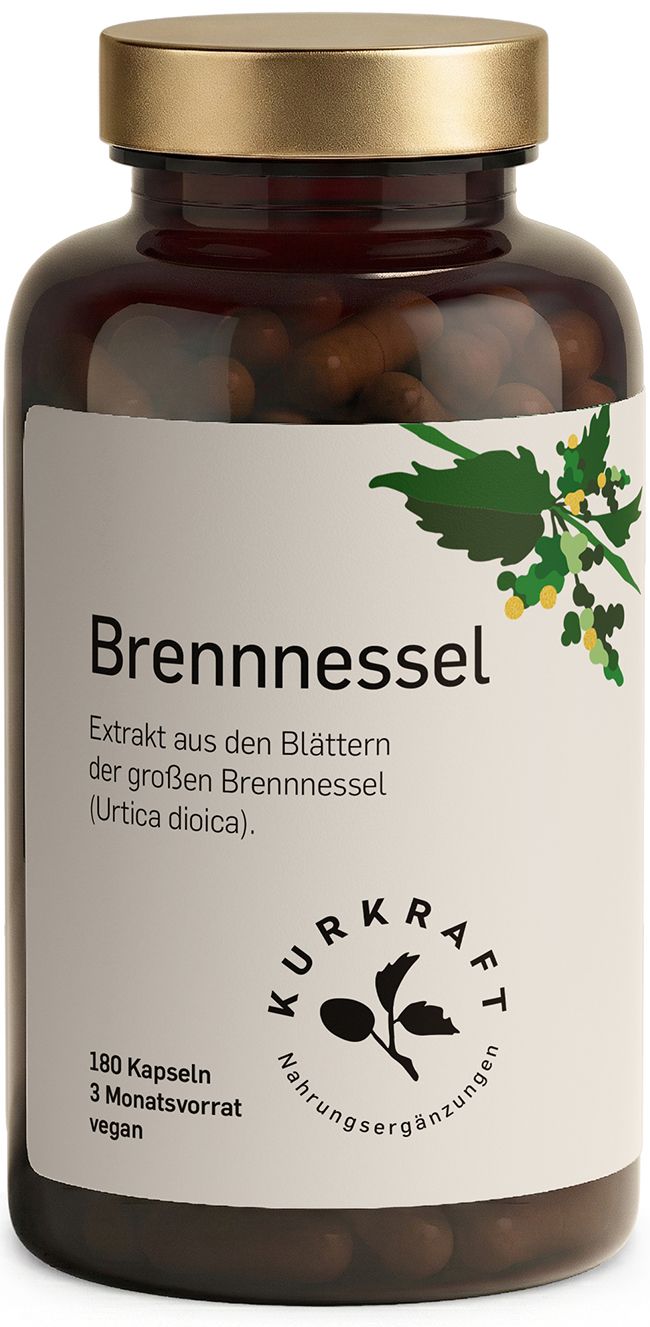 Braune Flasche mit Brennnessel Kapseln. Etikett mit Text: Brennnessel, 180 Kapseln, 3 Monatsvorrat, vegan. Kurkraft Logo.