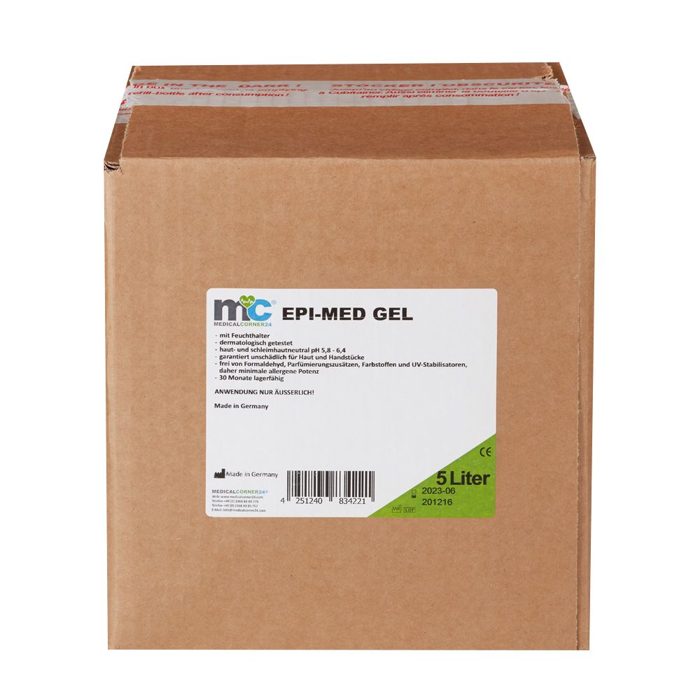 Karton mit EPI-MED GEL, 5 Liter, Made in Germany.