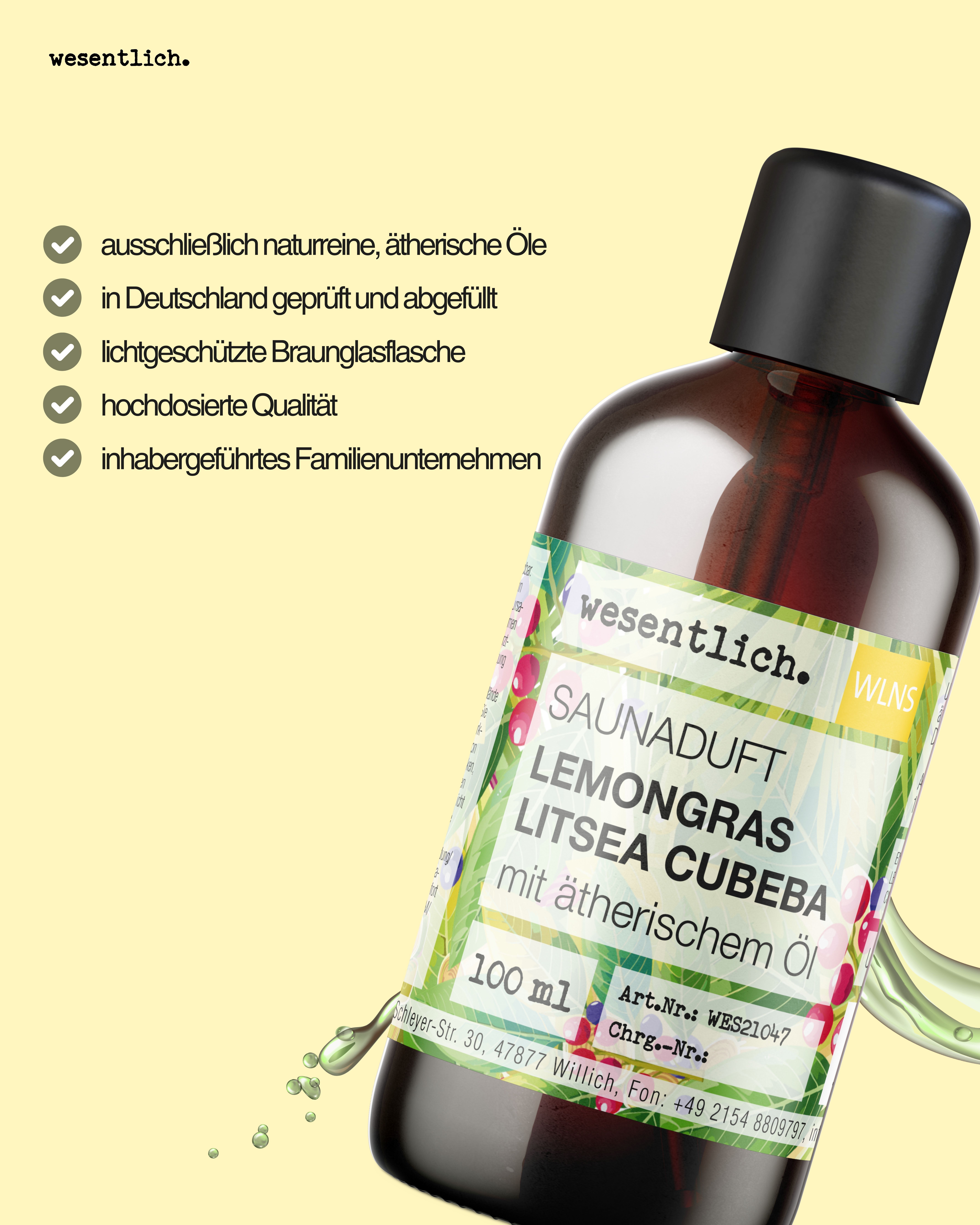 Braune Glasflasche mit schwarzem Deckel. Etikett mit Produktnamen. Text: ausschließlich naturreine, ätherische Öle, in Deutschland geprüft.