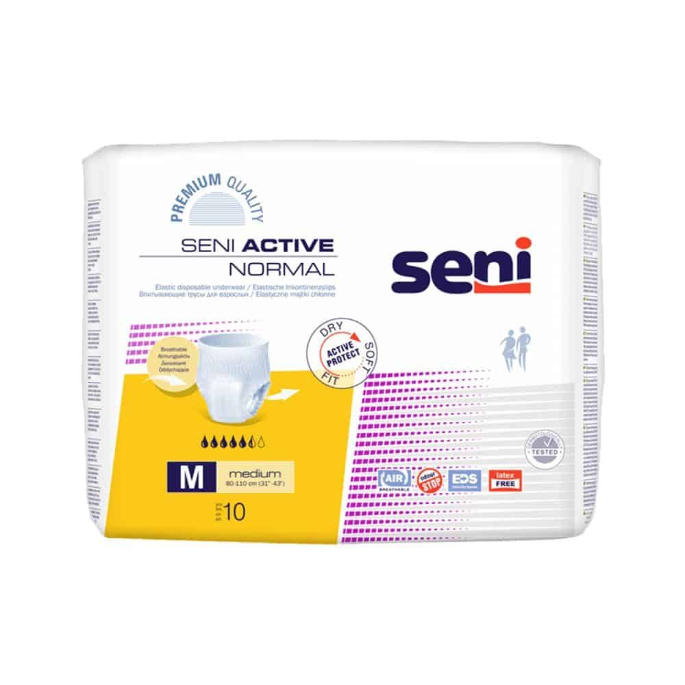 Verpackung Seni Active Normal Inkontinenzpants. Weißes Paket mit gelbem Bereich. Produktabbildung, Größenangabe M, 10 Stück.