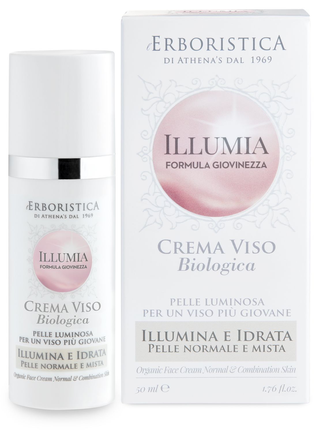 Creme-Flakon und -Schachtel. Aufschrift: Illumia, Crema Viso Biologica, für normale und Mischhaut. Marke: Erboristica.