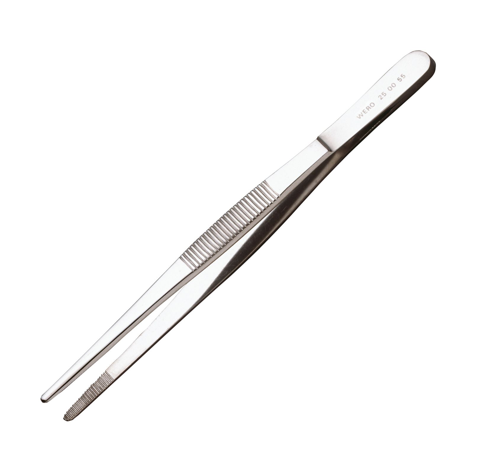 Anatomische Pinzette aus Metall. Geriffelte Grifffläche. Spitze Enden. Aufschrift: WERO 25 00 11.