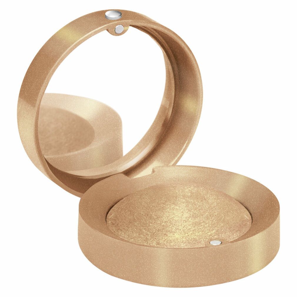 Runder, goldfarbener Lidschattenbehälter mit Spiegel. Offen, mit goldfarbenem Lidschatten. Kleiner runder Behälter.