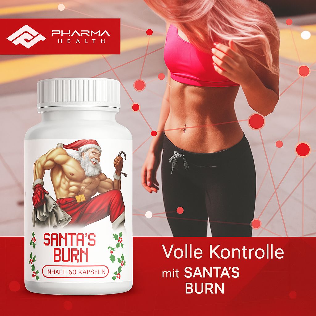 Weiße Flasche Santa's Burn neben einer Frau. Logo Pharma Health. Text: Volle Kontrolle mit Santa's Burn, 60 Kapseln.