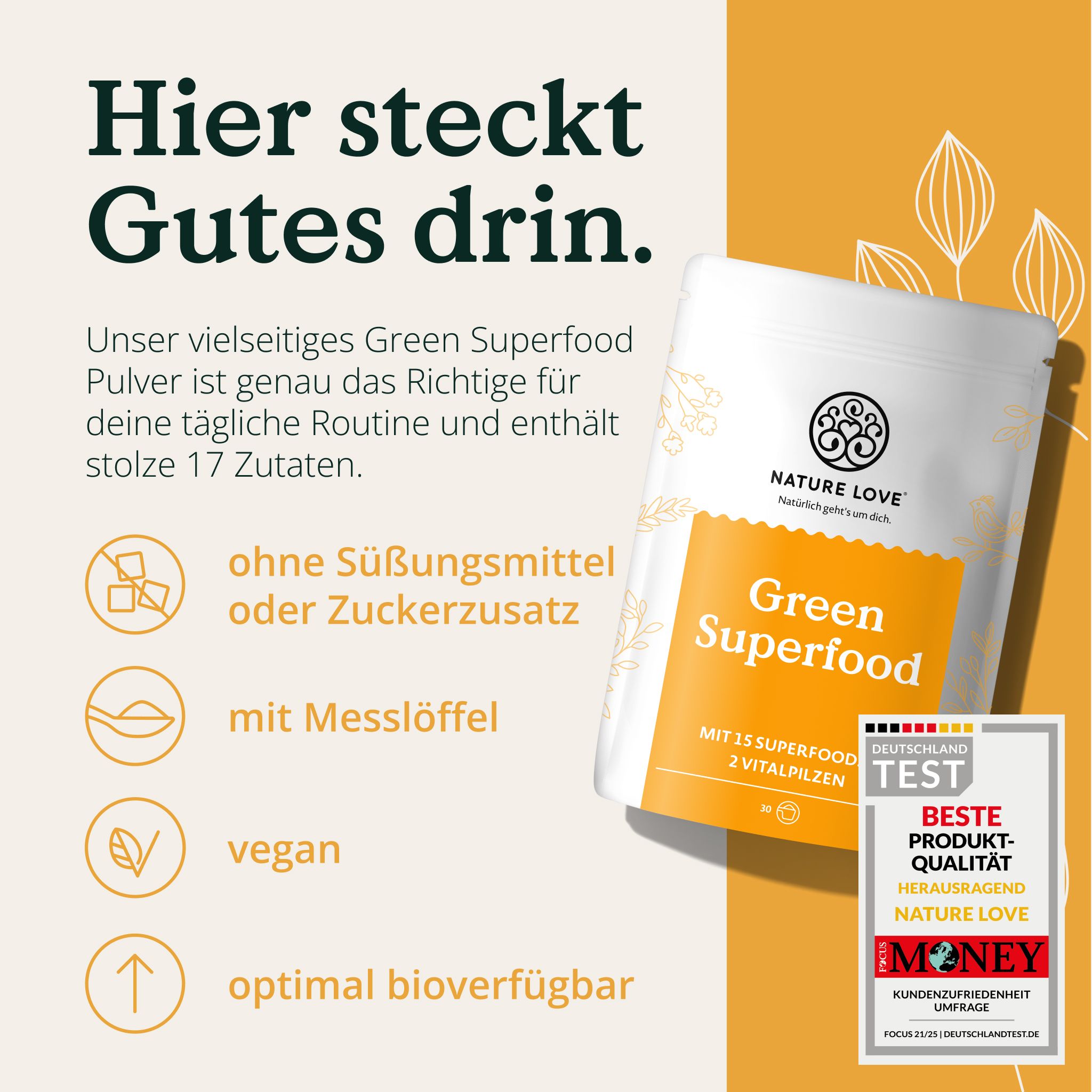 NATURE LOVE® Green Superfood - 15 Superfoods & 2 Vitalpilze - mit Gerstengras, Spirulina & Moringa