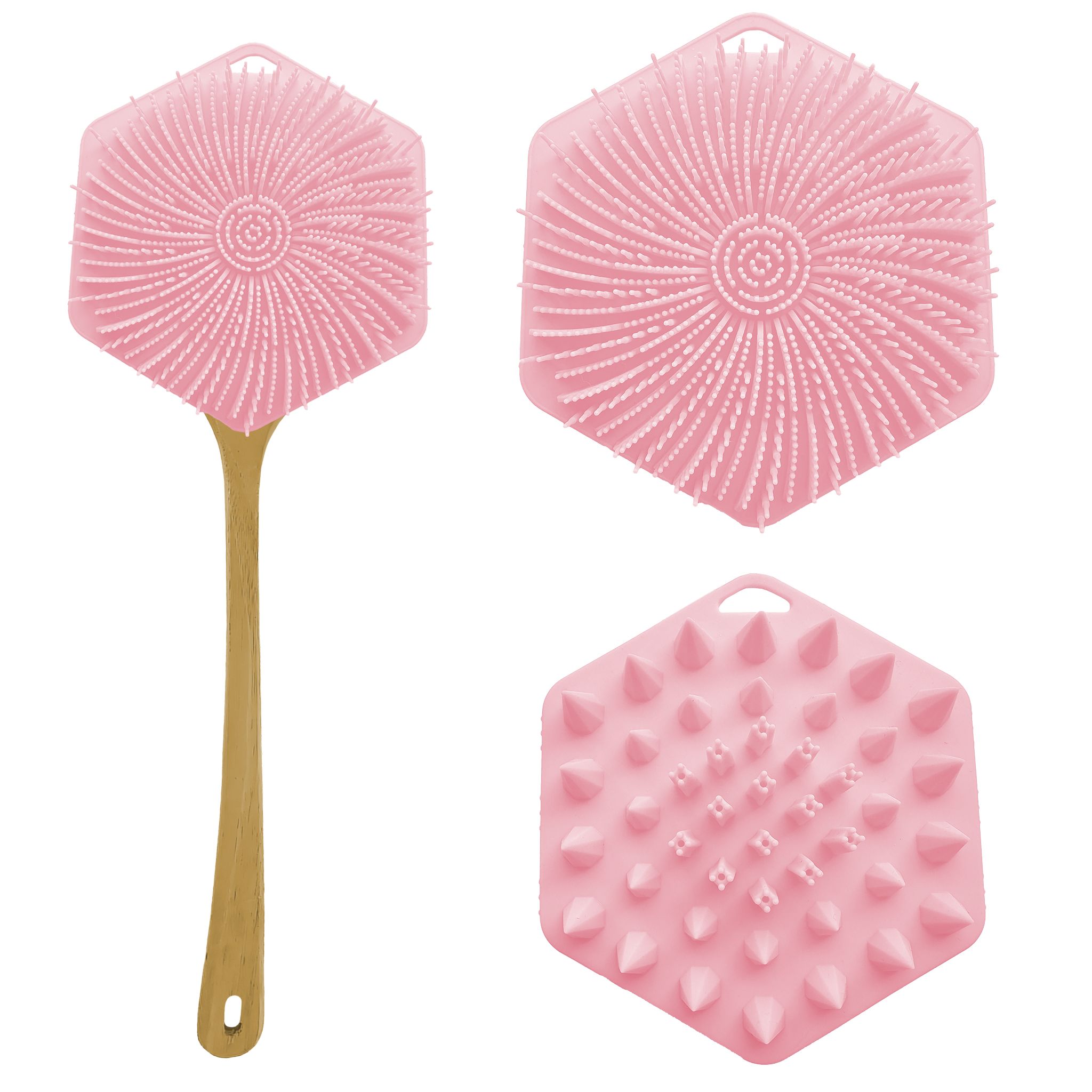 Rosa Silikon-Bürste mit Holzgriff und Noppen.