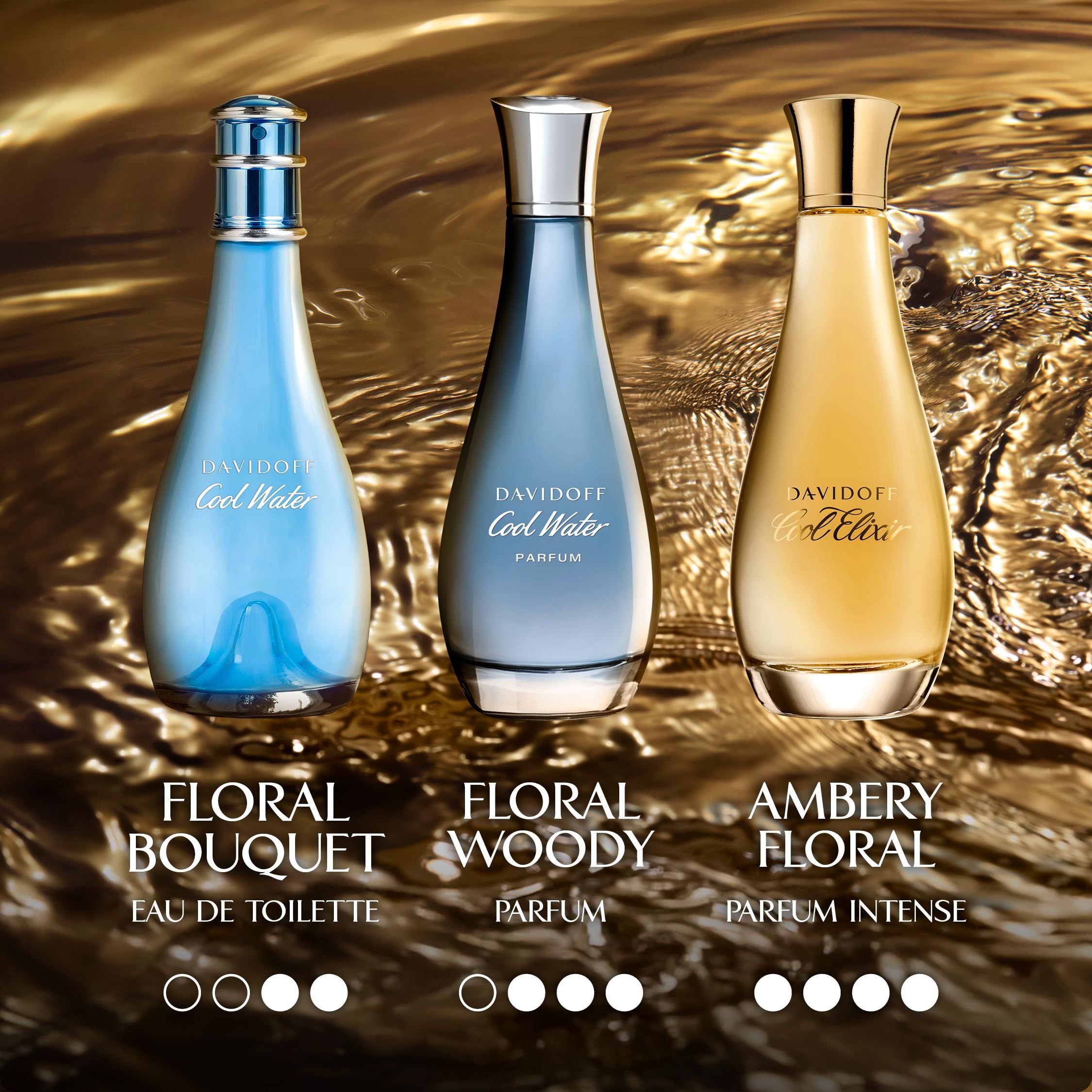 Drei Parfumflakons. Aufschriften: Davidoff Cool Water, Floral Bouquet, Floral Woody, Ambery Floral.