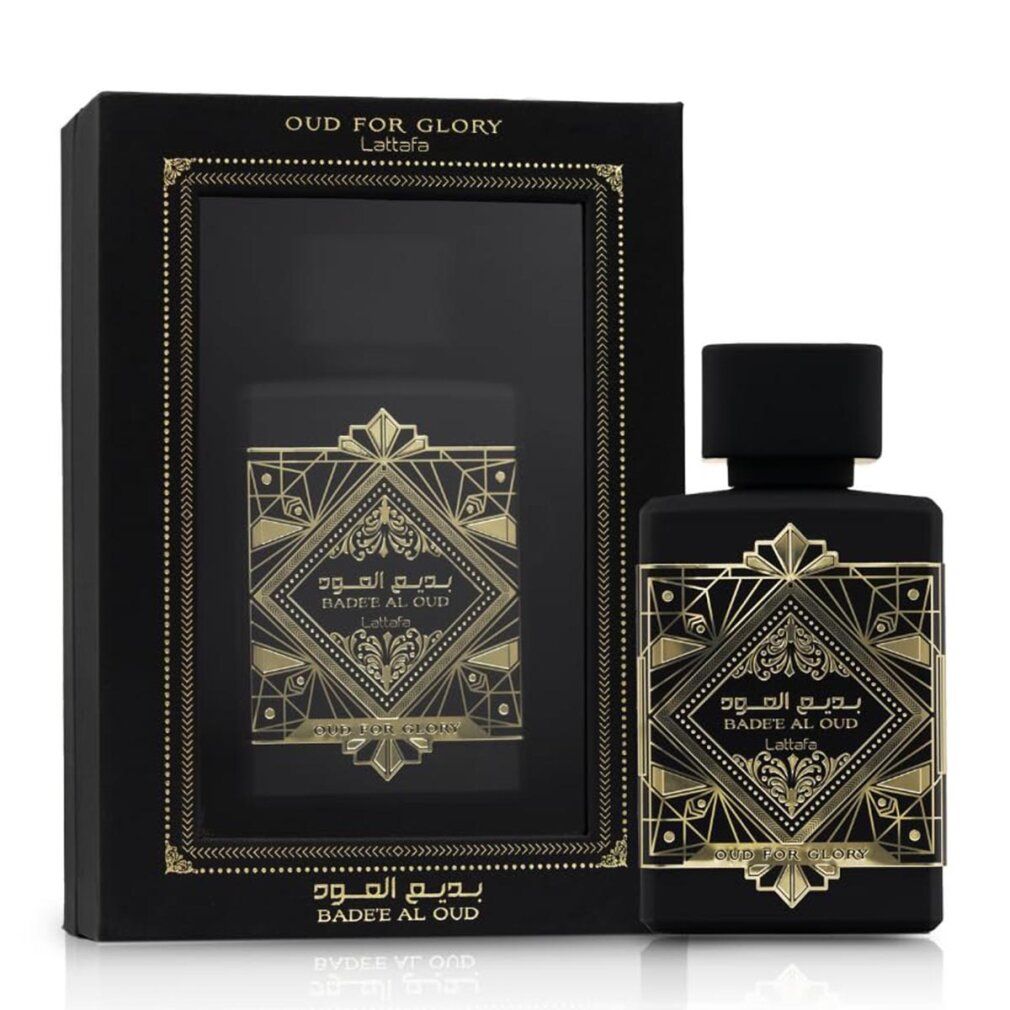 Schwarze Flasche und Verpackung. Goldfarbene Verzierungen und Schrift. "Oud for Glory" und arabische Schrift.