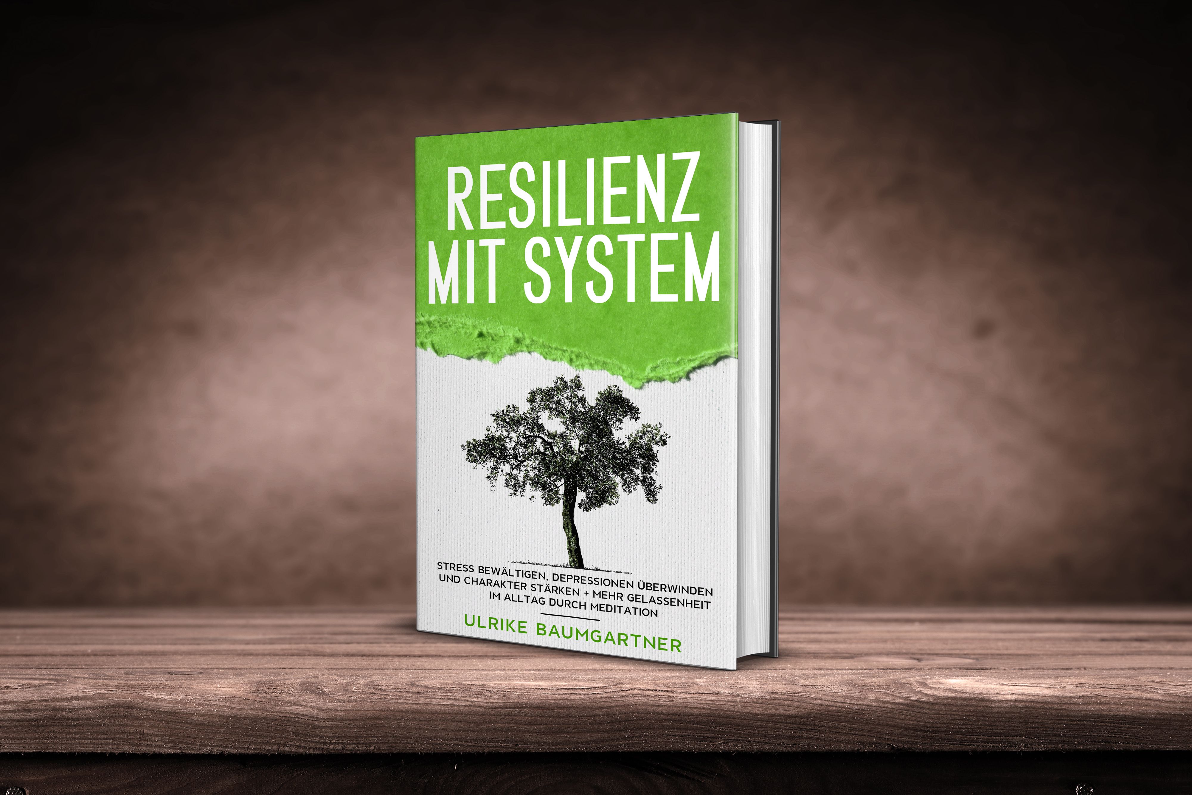 Buch mit dem Titel "Resilienz mit System". Grüner Einband, Baum-Illustration. Autor: Ulrike Baumgartner.