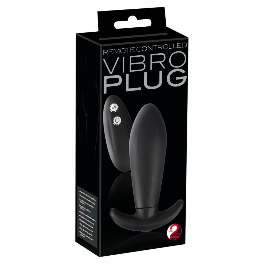 Schwarze Produktverpackung mit Produktabbildung. Aufschrift: REMOTE CONTROLLED VIBRO PLUG. Das Produkt ist abgebildet.