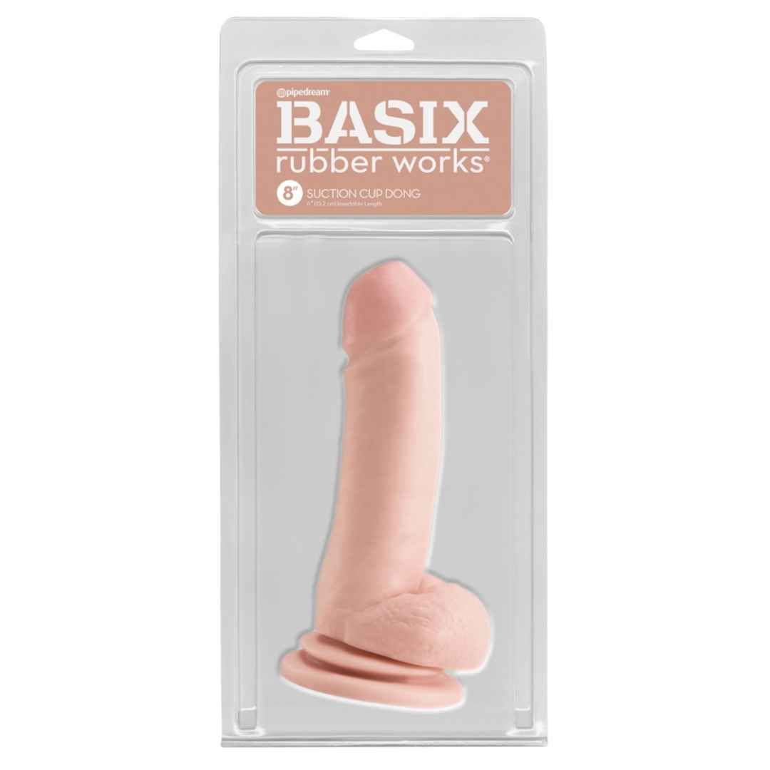 Dildo in Verpackung. BASIX rubber works, 8" Suction Cup Dildo. Hautfarbenes Produkt in transparenter Blisterverpackung.