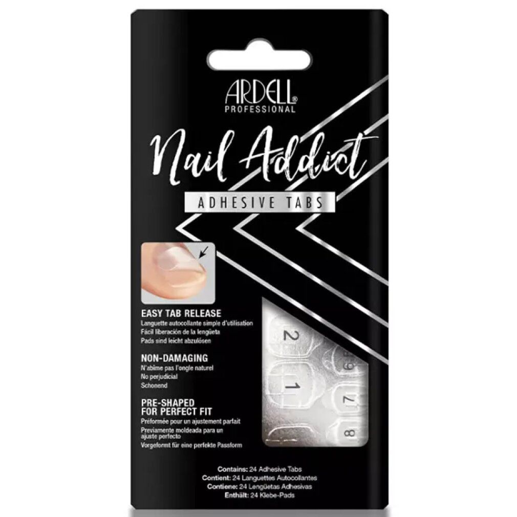 Ardell Nail Addict Adhesive Tabs. Schwarze Verpackung mit Produktabbildung und Text. Enthält 24 Klebetabs.