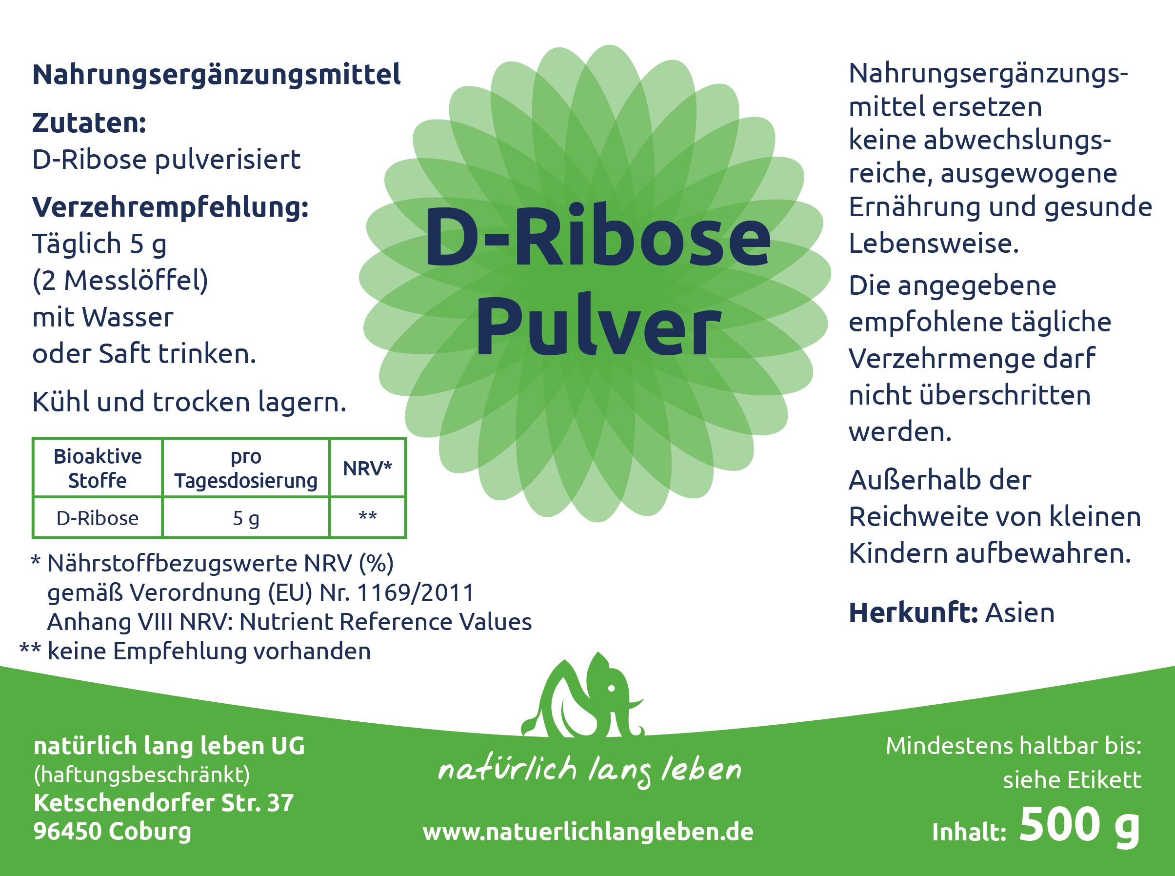 natürlich lang leben D-Ribose Pulver 500 g