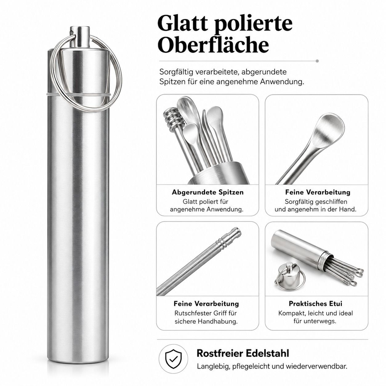 Edelstahl-Ohrenreiniger-Set in Aufbewahrungsdose. Glatt polierte, abgerundete Spitzen und rostfreies Material.