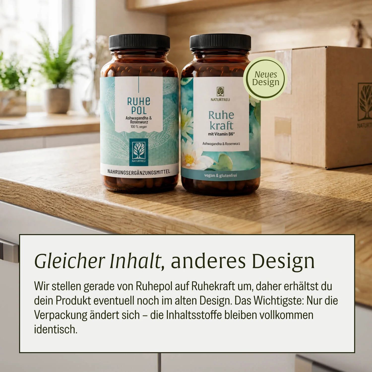NATURTREU® RUHEKRAFT und FELSENFEST Flaschen auf einer Holzoberfläche.
