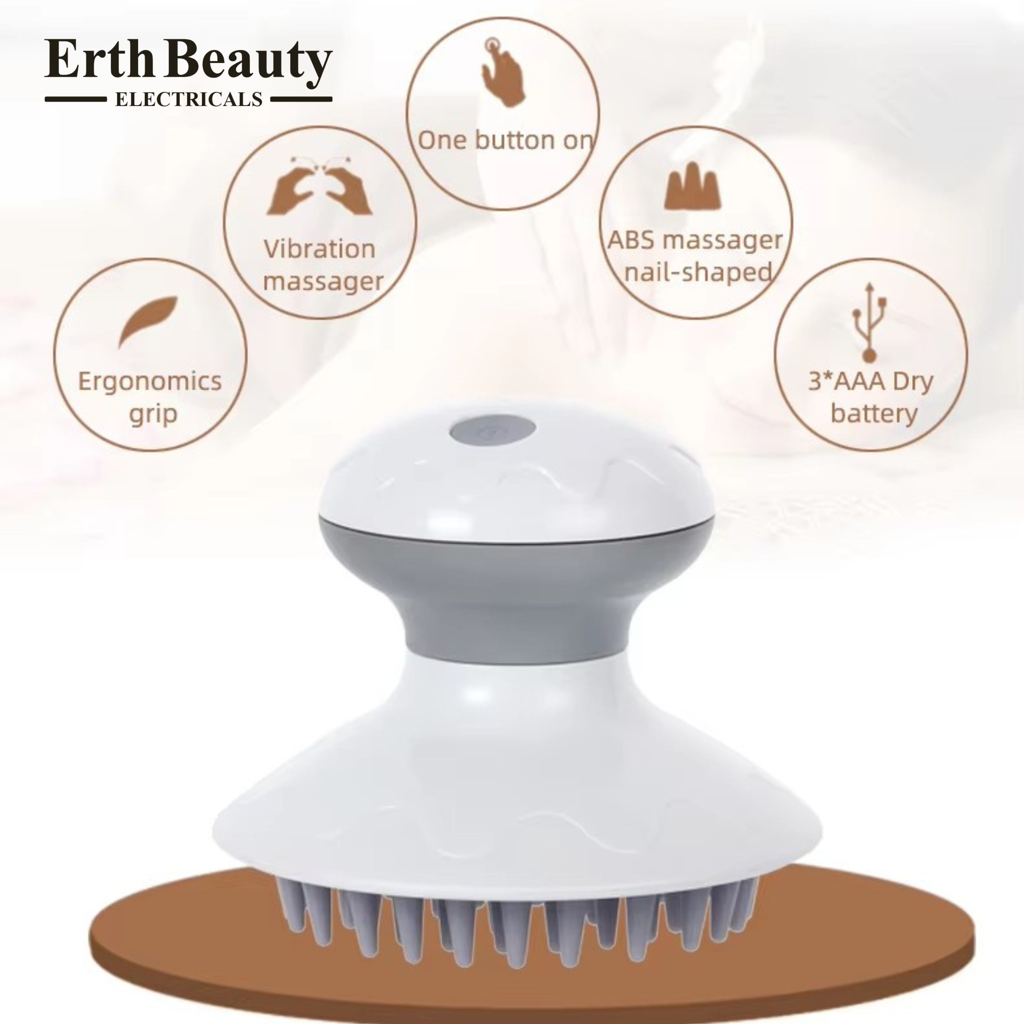 Elektrisches Scalp Boost-Massagegerät mit Erth Beauty Electricals Logo und Funktionssymbolen.