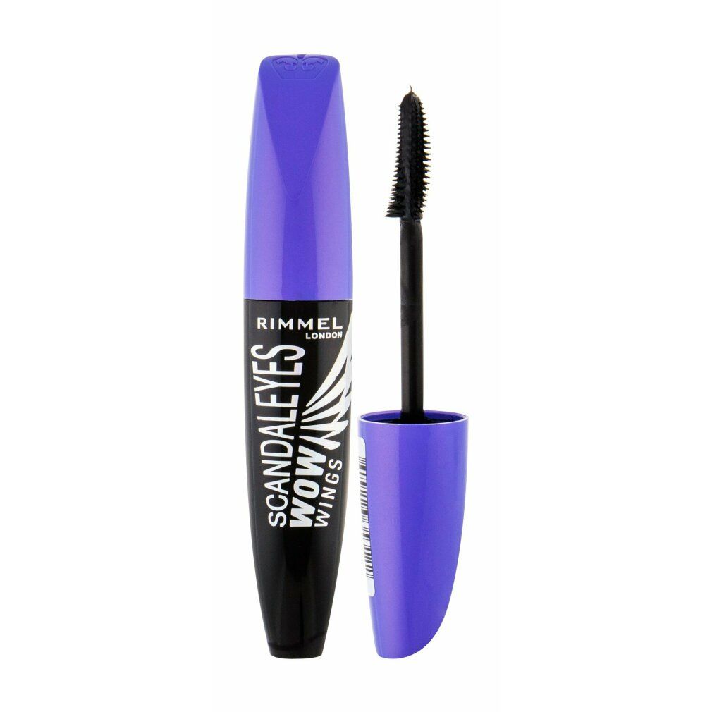 Schwarze Mascara-Tube mit lila Deckel. Text: Rimmel London Scandaleyes Wow Wings.