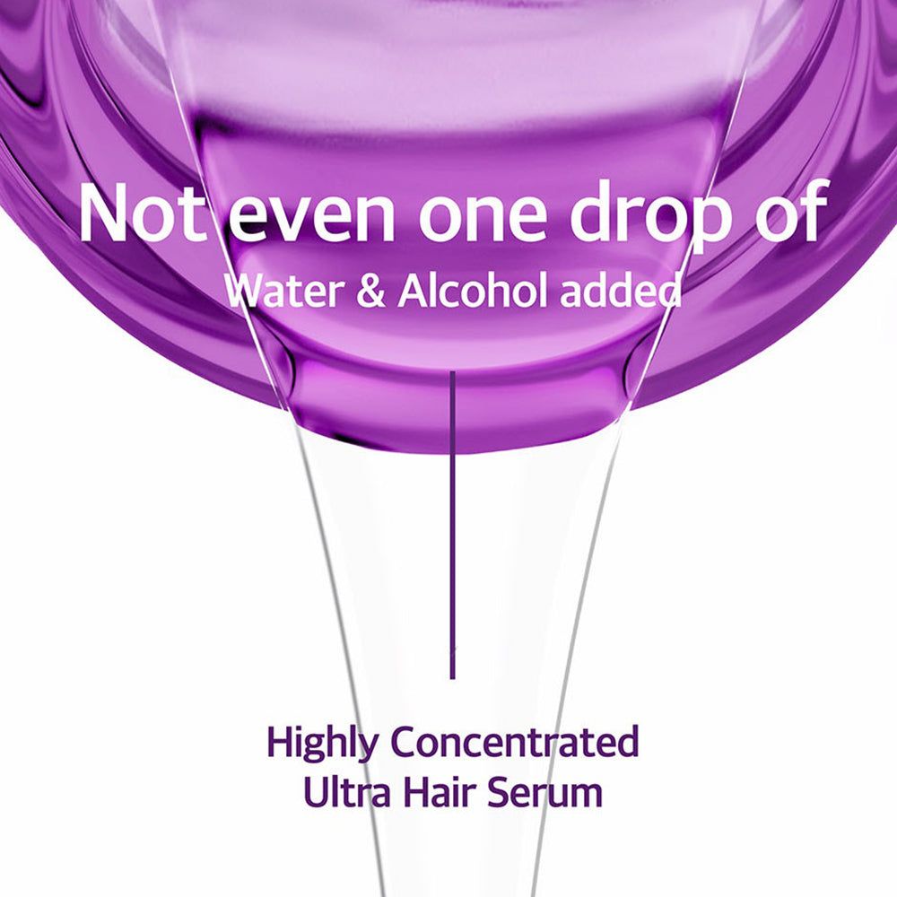 Hochkonzentriertes Haarserum ohne Wasser oder Alkohol, tropft von einer violetten Oberfläche.