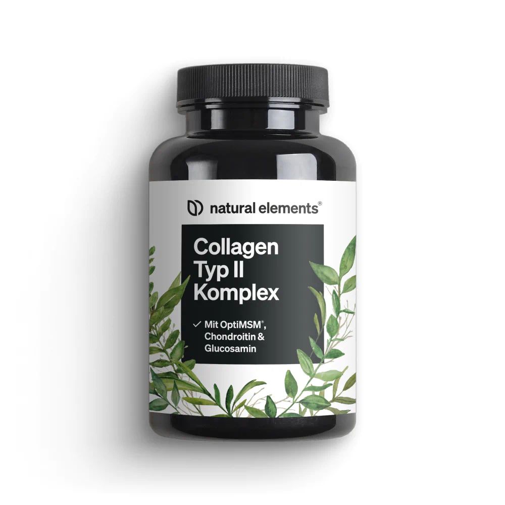 Schwarze Flasche mit weißem Etikett. Aufschrift: Collagen Typ II Komplex. Mit OptiMSM, Chondroitin & Glucosamin.