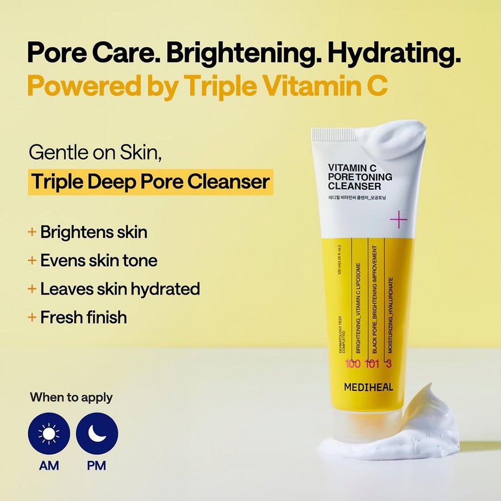 Eine gelbe Tube mit weißem Verschluss, die "Vitamin C Pore Toning Cleanser" enthält. Schaum tritt aus der Öffnung.