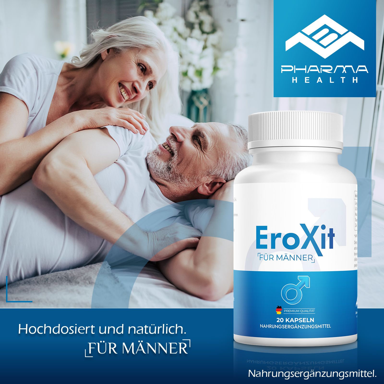 Eine Flasche "EroXit für Männer" neben einem älteren Paar. Auf der Flasche steht "20 Kapseln". Das Logo ist ebenfalls abgebildet.