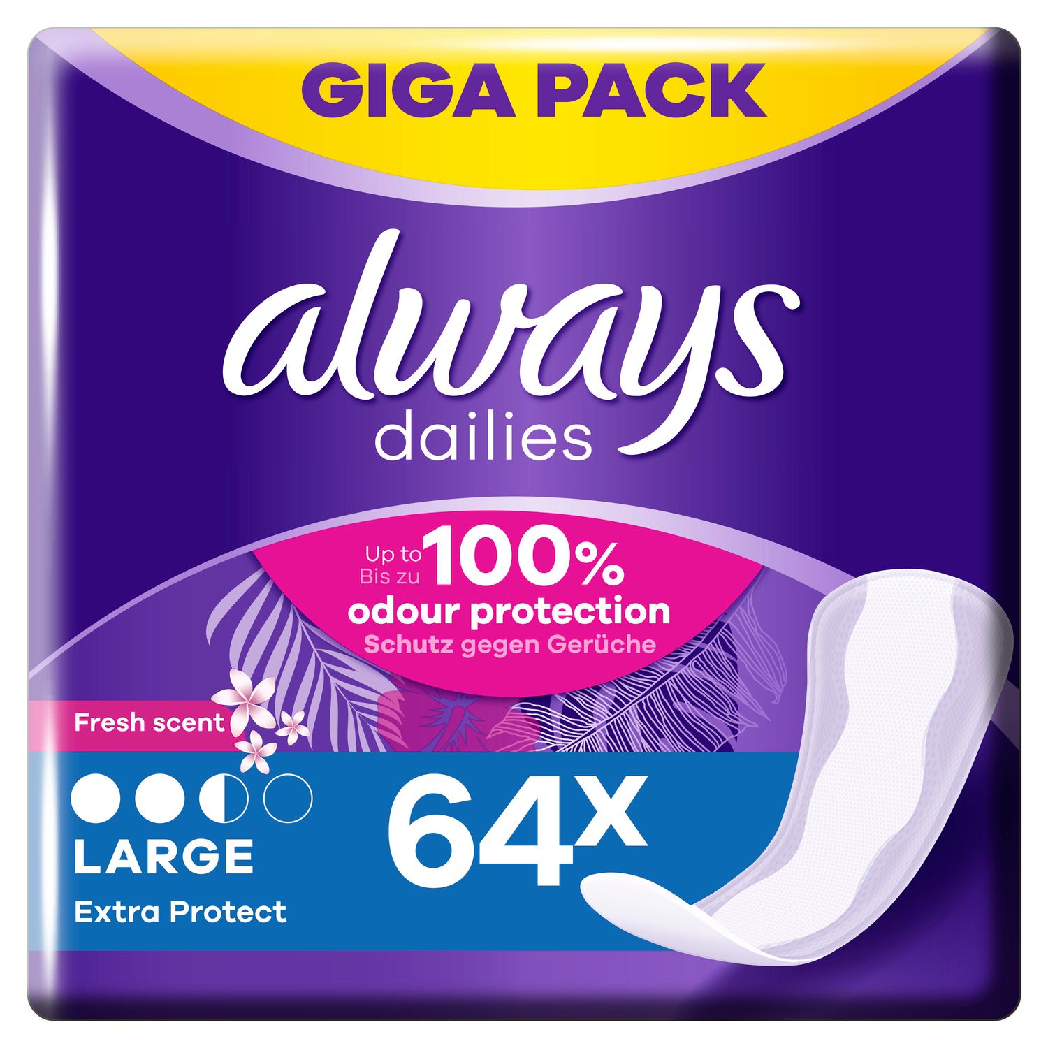 Always Dailies Gigapack Slipeinlage Extra Protect Large Fresh. Verpackung mit 64 Slipeinlagen. Lila-gelbes Design mit Produktinformationen.