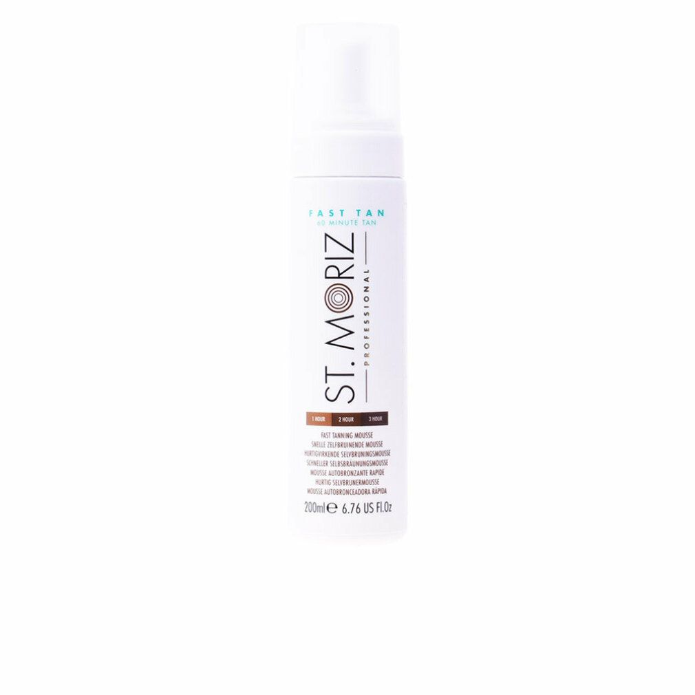 Weiße Flasche mit Sprühkopf. Aufschrift: St. Moriz Professional, Fast Tan. Farbnuancen: 1 Stunde, 2 Stunden, 3 Stunden. 200ml.