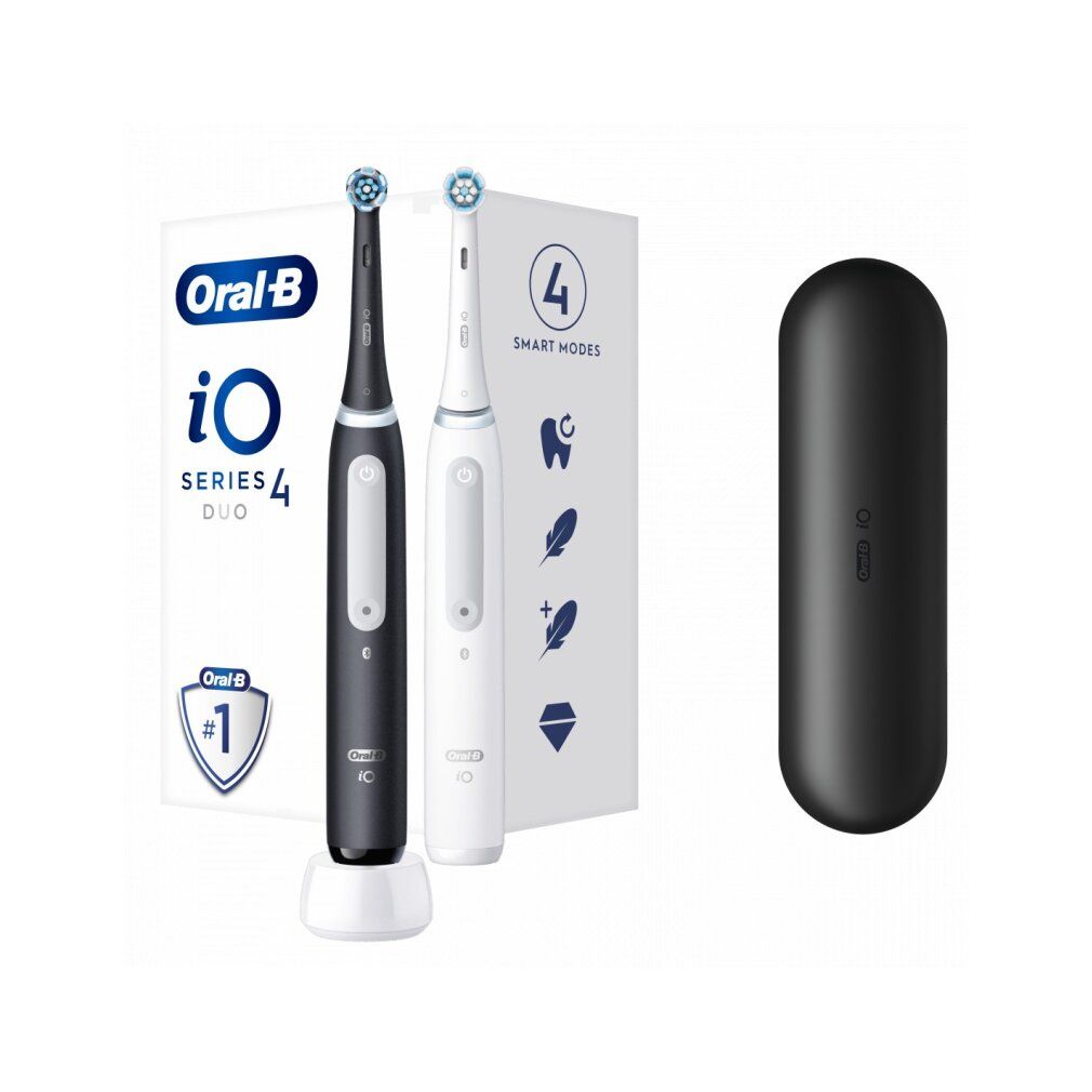 Zwei elektrische Zahnbürsten Oral-B iO Series 4, schwarz und weiß, mit Ladestation und Reiseetui. 4 Smart-Modi.