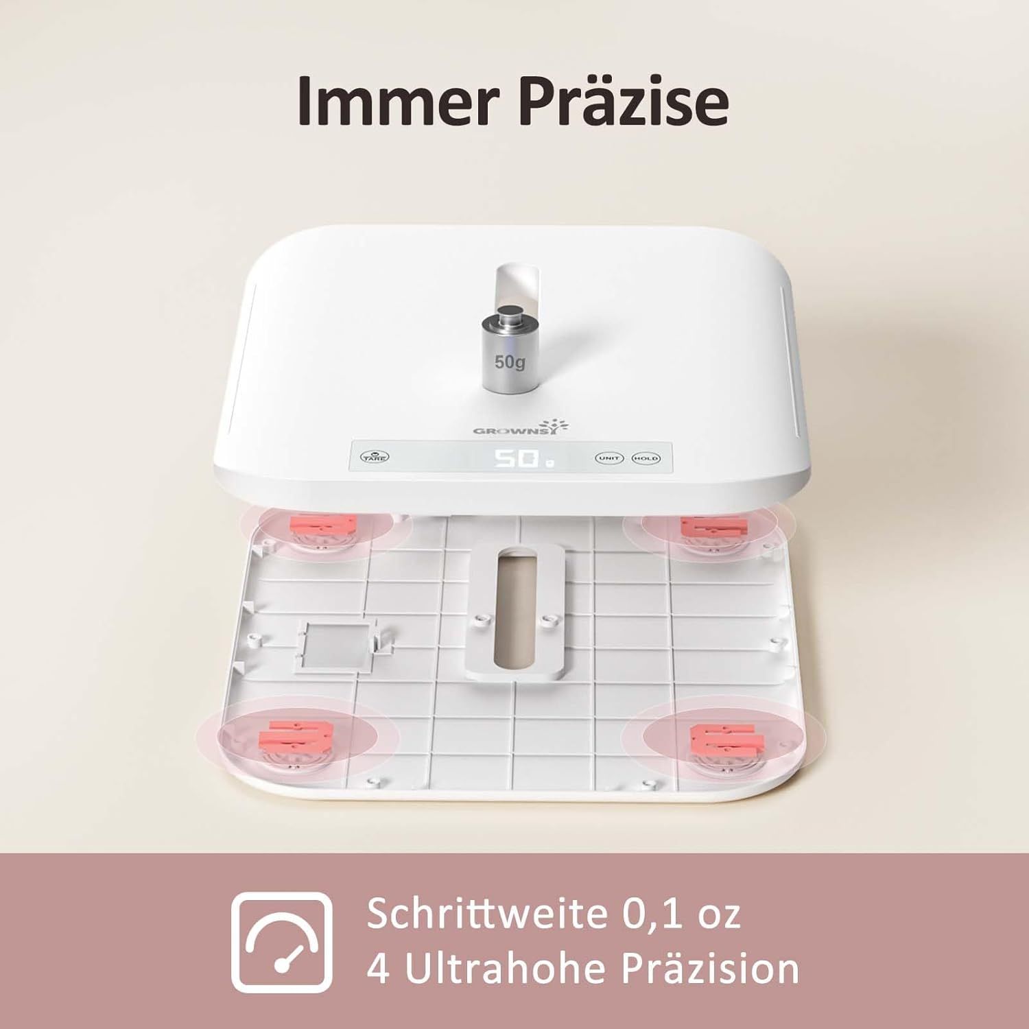 Präzisionswaage mit 4 Sensoren und 0,1 oz Schrittweite. 50g Gewicht auf der Waage.