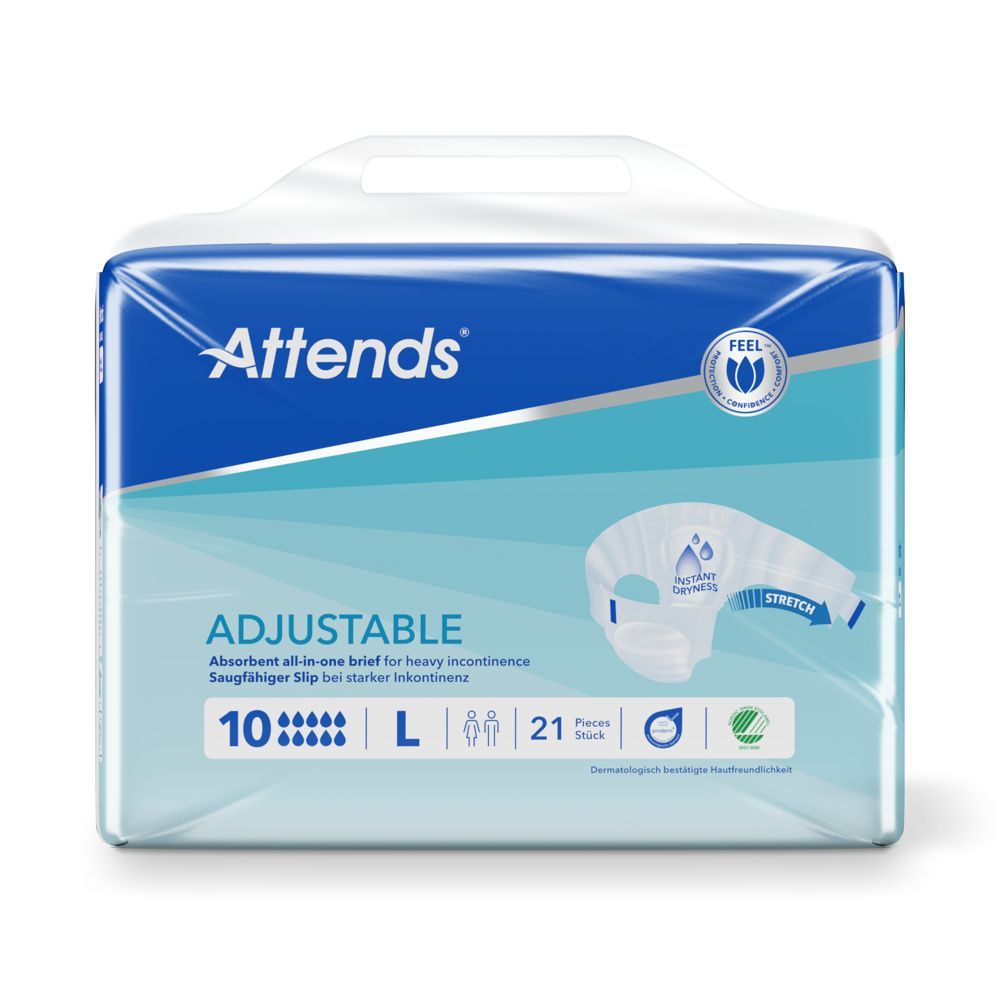 Attends Adjustable 10 L. Verpackung mit 21 Stück. Blau-weißes Design. Produktabbildung. Aufschrift: "Adjustable", "Absorbent all-in-one brief".