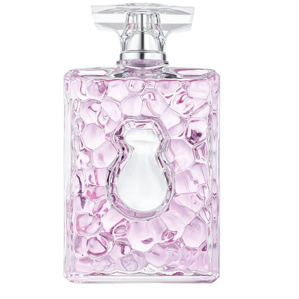 Rosa Parfümflasche mit transparentem Deckel. Die Flasche hat eine einzigartige Form mit einem weißen, figurativen Design.