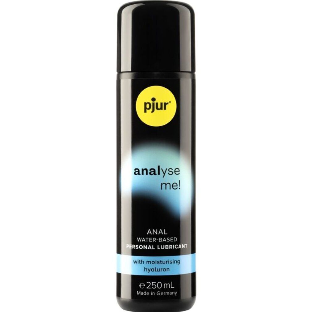 Schwarze Flasche mit schwarzem Deckel. Aufschrift: pjur, analyse me!, ANAL WATER-BASED PERSONAL LUBRICANT, mit Hyaluron. 250ml.